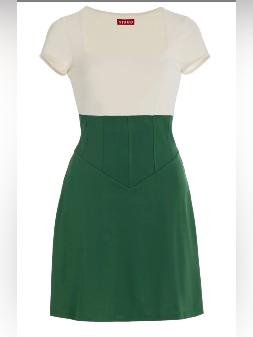 STAUD EXCLUSIVE BACKSPIN MINI DRESS GREEN CREAM JERSEY FIT AND FLARE SIZE L NEW